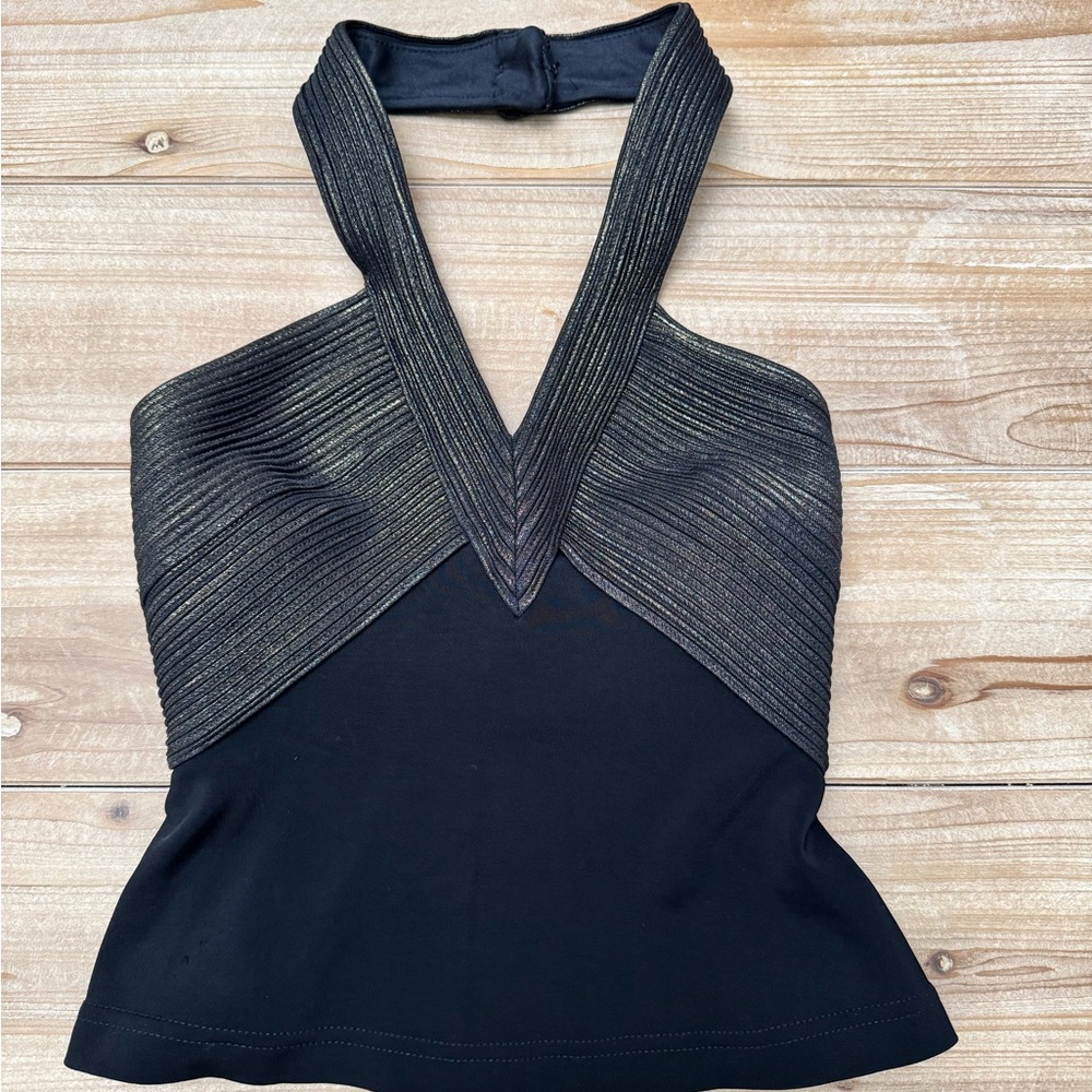 Tadashi Shoji Black and Gold Halter Top | Y2K Evening | Size Medium